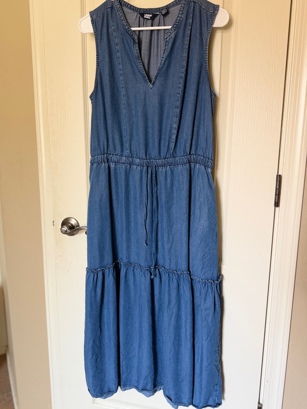 Lands' End Sleeveless Chambray Tiered Maxi Dress - Denim Blue